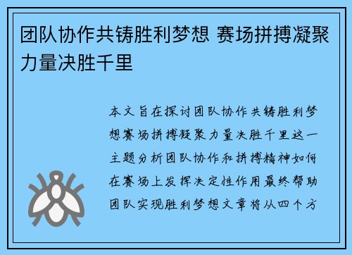 团队协作共铸胜利梦想 赛场拼搏凝聚力量决胜千里